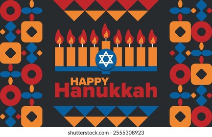 Hanukkah. Jewish festival. Festival of Lights. Traditional menorah. Candles. Star of David. Happy holiday banner. Creative art template. Vector illustration