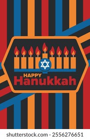 Hanukkah. Jewish festival. Festival of Lights. Traditional menorah. Candles. Star of David. Happy holiday banner. Creative art template. Vector illustration