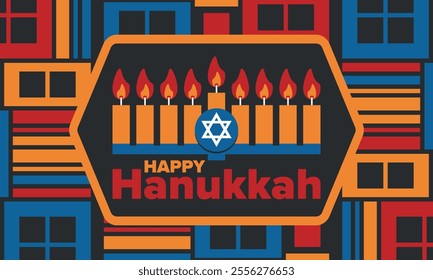 Hanukkah. Jewish festival. Festival of Lights. Traditional menorah. Candles. Star of David. Happy holiday banner. Creative art template. Vector illustration