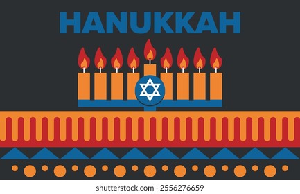 Hanukkah. Jewish festival. Festival of Lights. Traditional menorah. Candles. Star of David. Happy holiday banner. Creative art template. Vector illustration