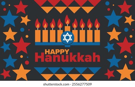 Hanukkah. Jewish festival. Festival of Lights. Traditional menorah. Candles. Star of David. Happy holiday banner. Creative art template. Vector illustration