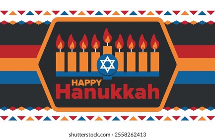 Hanukkah. Jewish festival. Festival of Lights. Traditional menorah. Candles. Star of David. Happy holiday banner. Creative art template. Vector illustration