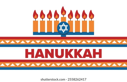 Hanukkah. Jewish festival. Festival of Lights. Traditional menorah. Candles. Star of David. Happy holiday banner. Creative art template. Vector illustration