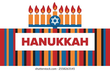 Hanukkah. Jewish festival. Festival of Lights. Traditional menorah. Candles. Star of David. Happy holiday banner. Creative art template. Vector illustration