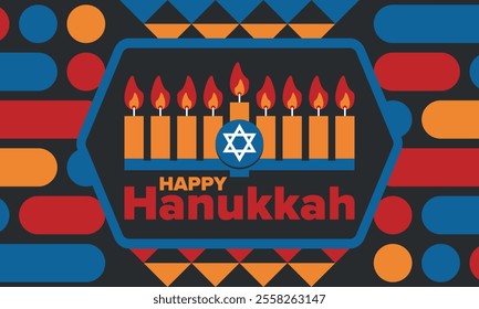 Hanukkah. Jewish festival. Festival of Lights. Traditional menorah. Candles. Star of David. Happy holiday banner. Creative art template. Vector illustration