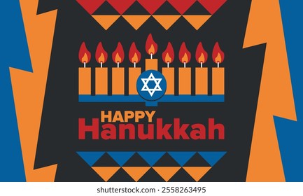 Hanukkah. Jewish festival. Festival of Lights. Traditional menorah. Candles. Star of David. Happy holiday banner. Creative art template. Vector illustration