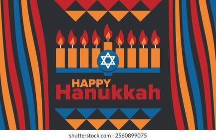 Hanukkah. Jewish festival. Festival of Lights. Traditional menorah. Candles. Star of David. Happy holiday banner. Creative art template. Vector illustration