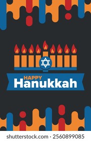 Hanukkah. Jewish festival. Festival of Lights. Traditional menorah. Candles. Star of David. Happy holiday banner. Creative art template. Vector illustration