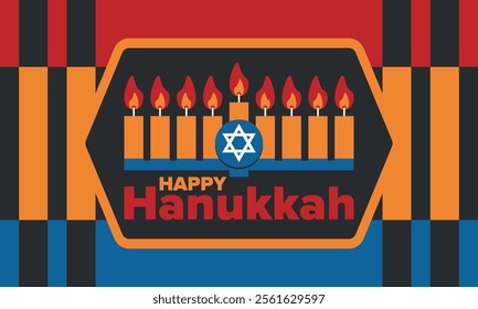 Hanukkah. Jewish festival. Festival of Lights. Traditional menorah. Candles. Star of David. Happy holiday banner. Creative art template. Vector illustration