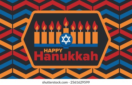 Hanukkah. Jewish festival. Festival of Lights. Traditional menorah. Candles. Star of David. Happy holiday banner. Creative art template. Vector illustration