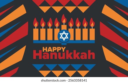 Hanukkah. Jewish festival. Festival of Lights. Traditional menorah. Candles. Star of David. Happy holiday banner. Creative art template. Vector illustration