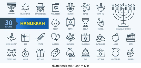 Hanukkah, Jewish festival - thin line web icon set. Outline icons collection. Simple vector illustration.
