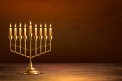 Hanukkah Jewish Holiday Background With Realistic Golden Menorah Candelabrum With Candles On Wooden Table Backdrop. Israel Traditional Hebrew Celebration Invitation Design. Vector Illustration
