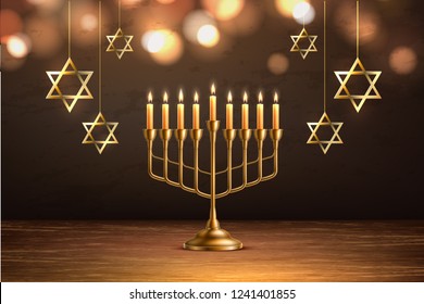 Hanukkah jewish holiday background with realistic golden menorah candelabrum with candles, handing David stars sign of Israel. Traditional hebrew celebration invitation design. Vector illustration