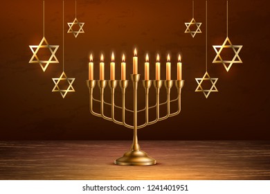 Hanukkah jewish holiday background with realistic golden menorah candelabrum with candles, handing David stars sign of Israel. Traditional hebrew celebration invitation design. Vector illustration