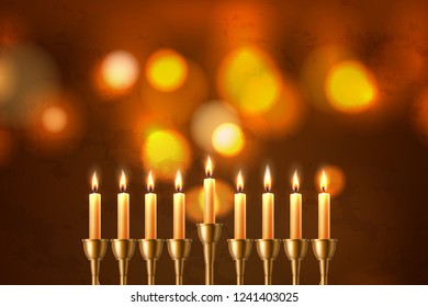 Hanukkah jewish holiday background with realistic seven candles closeup of hebrew menorah candelabrum on blurred bokeh backdrop. Israel traditional celebration invitation design. Vector illustration