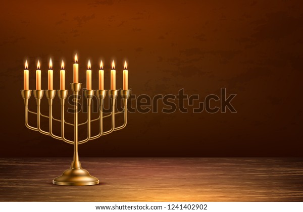 Hanukkah jewish holiday background with
realistic golden menorah candelabrum with candles on wooden table
backdrop. Israel traditional hebrew celebration invitation design.
Vector illustration