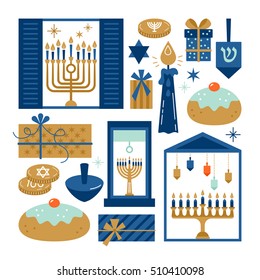 Hanukkah jewish holiday elements for graphic and web design on white background