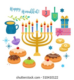 Hanukkah jewish holiday elements for graphic and web design on white background. Isolated vector illustration