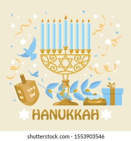 Hanukkah Jewish holiday greeting card traditional symbols - menorah candles framed by olive branches, wooden dreidels (spinning top), donuts and flying doves.