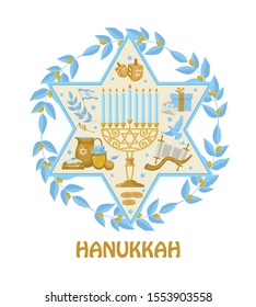 Hanukkah Jewish holiday greeting card traditional symbols - menorah candles framed by olive branches, wooden dreidels (spinning top), donuts and flying pigeons, star of David and the flag of Israel.