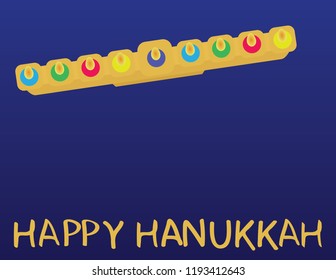 Hanukkah jewish holiday greeting. HAPPY HANUKKAH greeting and Menora top view on Blue background