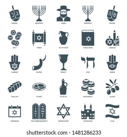 hanukkah jewish holiday icons set. traditional judaism symbols collection: dreidel, torah, menorah, david star, gelt, challah bread, sufganiyot, chai. isolated on white background. vector illustration