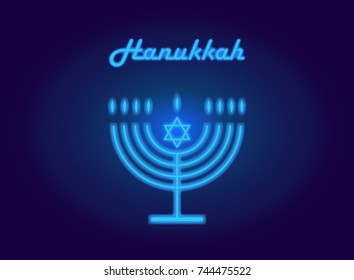 Hanukkah Jewish Holiday Menorah logo background, shiny lights vector. Neon abstract bokeh background. Blue symbol, blurred, decoration, glow transparent. Wallpaper Hanukkah candelabrum candles icon