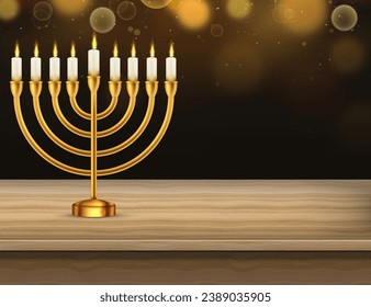 Hanukkah jewish holiday menorah wood table. Vector illustration. Realistic menorah and burning candles. Eps 10.