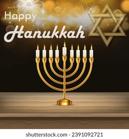 Hanukkah jewish holiday menorah wood table. Vector illustration. Realistic menorah and burning candles. Eps 10.