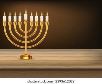 Hanukkah jewish holiday menorah wood table. Vector illustration. Realistic menorah and burning candles. Eps 10.