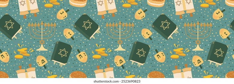 Hanukkah Jewish holiday seamless pattern with Menorah, Torah, Star of David, dreidel, coins and Sufganiyah.