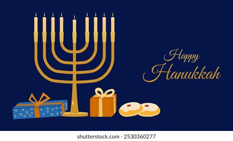 Hanukkah jüdischen Feiertag Zeichen der spirituellen Wiedergeburt. Geschenke und Leckereien. Siegeslicht über Dunkelheit. Erinnerung an ein Wunder. Design Einladungskarte Postkarte Poster. Vektorgrafik.