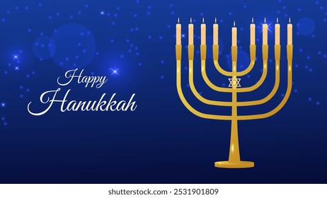 Hanukkah jüdischen Feiertag Zeichen der spirituellen Wiedergeburt. Hintergrund mit Glanz. Siegeslicht über Dunkelheit. Erinnerung an ein Wunder. Design Einladungskarte Postkarte Poster. Vektorgrafik.