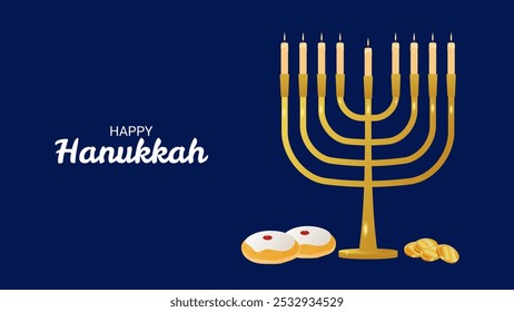 Hanukkah jüdischen Feiertag Zeichen der spirituellen Wiedergeburt. Siegeslicht über Dunkelheit. Erinnerung an ein Wunder. Design Einladungskarte Postkarte Poster. Vektorgrafik.