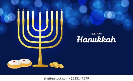 Hanukkah jüdischen Feiertag Zeichen der spirituellen Wiedergeburt. Menorah auf dunklem Hintergrund. Siegeslicht über Dunkelheit. Erinnerung an ein Wunder. Design Einladungskarte Postkarte Poster. Vektorgrafik.