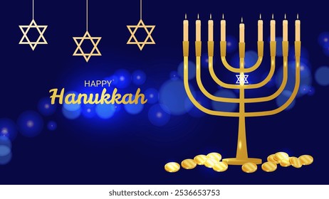 Hanukkah jüdischen Feiertag Zeichen der spirituellen Wiedergeburt. Sterne von David Menorah und Münzen. Siegeslicht über Dunkelheit. Erinnerung an ein Wunder. Design Einladungskarte Postkarte Poster. Vektorgrafik.