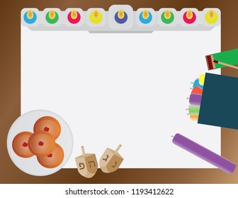 Hanukkah Jewish Holiday vector background Hanukkah traditional elements - menora and candles, donuts and dreidels