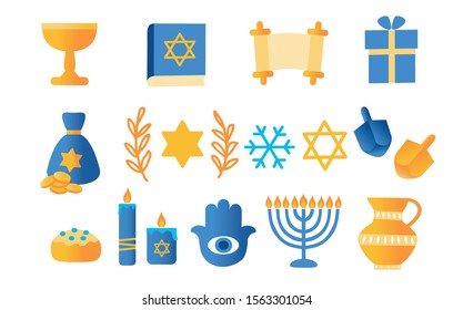 Hanukkah Jewish holiday vector set. Hanukkah symbols - wooden dreidels, donuts, menorah, candles, oil pitcher, star of David, snowflakes, branches, goblet, hamesh, gelt, Torah book, Torah, vector 