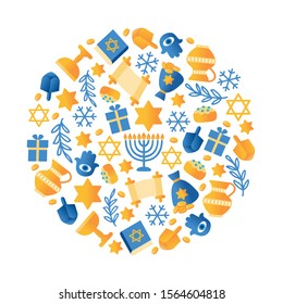 Hanukkah Jewish holiday vector set. Hanukkah symbols - wooden dreidels, donuts, menorah, candles, oil pitcher, star of David, snowflakes, branches, goblet, Ramesh, gelt, Torah book, Torah, vector 