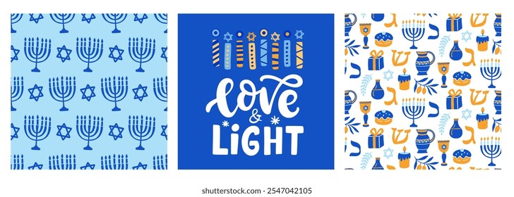 Hanukkah jewish lettering, seamless patterns set. Love and Light. Jewish holiday elegant design elements collection. Flyer, poster, gift card, wrapping paper invitation design. Vector illustration