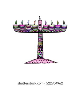 Hanukkah. Jewish religious holiday. Chanukah candle colorful. Multi-colored stained. Doodle, zentangl, hand draw sketch Vector illustration on isolated background