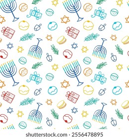 Hanukkah Joyful Colorful Seamless Pattern with Jewish Holiday of Chanuka symbols: candleholder (chanukia), donuts, presents, coins, dreidel, Star of David. Rosemary, olive branch, israeli plants.