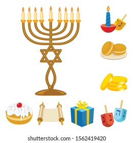 Hanukkah of judaism holiday vector cartoon icon set.Vector isolated illustration gift and greeting.Icon set of hanukkah holiday.