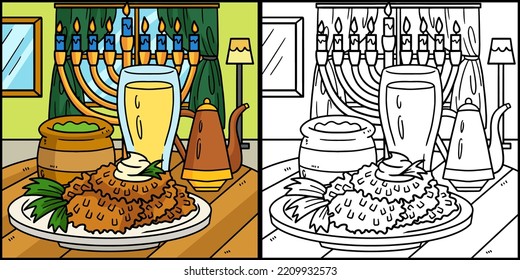 Hanukkah Latke With Menorah Coloring Illustration