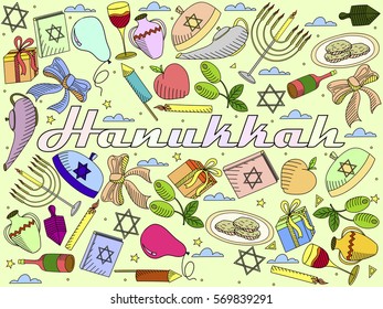 Hanukkah line art design vector illustration. Separate objects. Hand drawn doodle design elements.