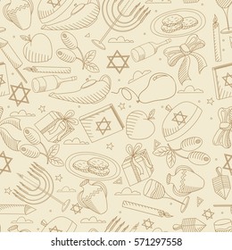 Hanukkah line art design vector illustration seamless retro. Separate objects. Hand drawn doodle design elements.