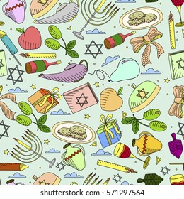 Hanukkah line art design vector illustration seamless. Separate objects. Hand drawn doodle design elements.