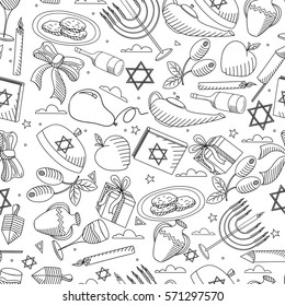 Hanukkah line art design vector illustration seamless coloring book. Separate objects. Hand drawn doodle design elements.