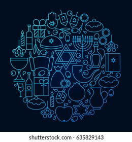 Hanukkah Line Icon Circle Concept. Vector Illustration of Jewish Winter Holiday Objects.